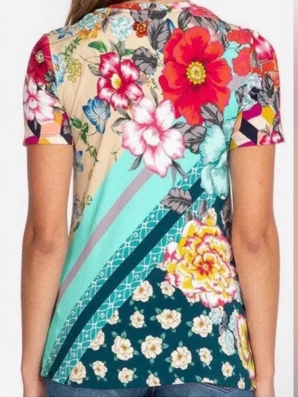 Johnny Was Bamboo Nellie Scarf Favorite Short Sleeve Top Size XXL Floral Artsy 3 - Picture 5 of 7